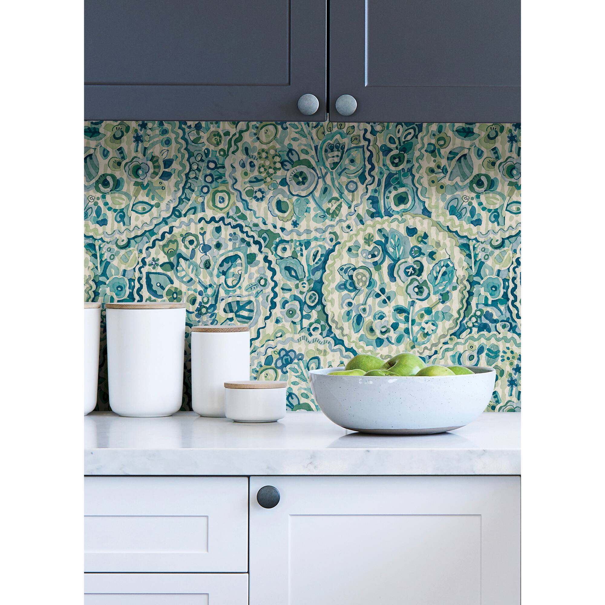 Caroline et Bettina Teal Camille Peel & Stick Wallpaper